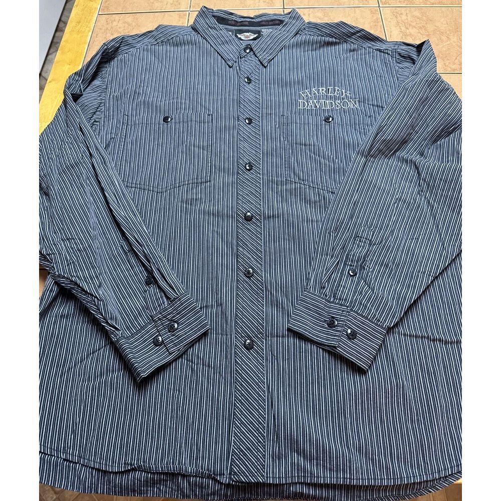 Harley Davidson Shirt Mens Sz 3XL Black Striped Motorcycle Button Down Logos